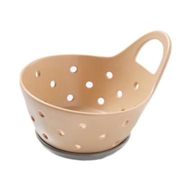 Imagem de Fenteer Cesta de frutas, tigela de drenagem, fruteira, tigela de servir, escorredor de cerâmica, escorredor de frutas para de cozinha, vegetais de, Cáqui