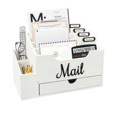 Imagem de Niciksty Organizador de correio de madeira, bancada organizadora de correio com 6 compartimentos e gaveta, acessórios de escritório de madeira para pasta de papel de carta de arquivo, branco