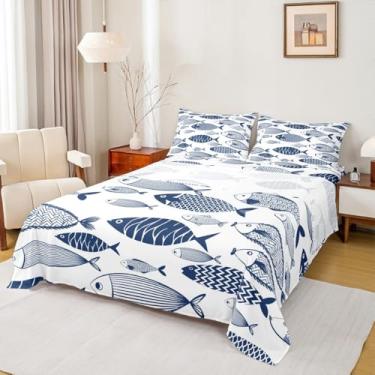 Imagem de Jogo de lençol casal com desenho animado de animais marinhos desenhados à mão, vida marinha, para crianças, meninas, meninos, sala de estar, branco e azul, lençol de cima + lençol com elástico + 2