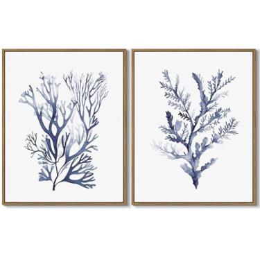 Imagem de LHZSJWDCCR Arte de parede de coral marinho azul marinho estampa de pintura de coral litoral praia costeira decoração de parede de corais em aquarela emoldurada para sala de estar quarto banheiro