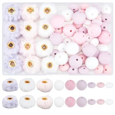 Imagem de SUNNYCLUE 1 caixa de 57 peças de contas de silicone de 15 mm contas de pompom rosa chaveiro sortido de borracha macia redonda focal difusa pompons espaçadores soltos para chaveiros, canetas, pulseiras