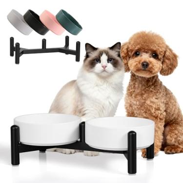 Imagem de Conjunto de tigelas elevadas de cerâmica para cães - Pratos duplos elevados com suporte de aço inoxidável - Tigelas de comida e água para cães e gatos pequenos - cada uma comporta 2,1 xícaras (420 ml