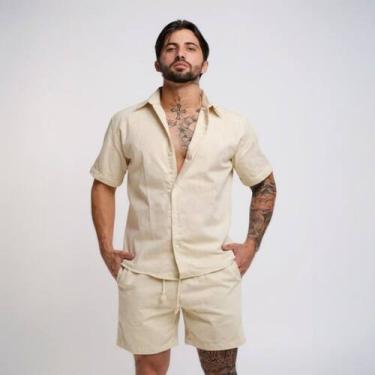 Imagem de Conjunto Linho Masculino Camisa Linho Bermuda Linho - Volgue, Bege, P