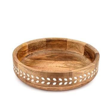 Imagem de NIRMAN Tigela de frutas de madeira de manga para balcão de cozinha e decoração de mesa rústica moderna ou centro de mesa de jantar (25,4 x 25,4 x 6,3 cm)