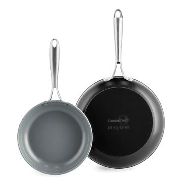 Imagem de GreenPan Conjunto de frigideiras Swift Healthy Ceramic antiaderente, 20 cm e 25 cm, alças de aço inoxidável, sem PFAS, lavável na lava-louças, seguro para forno, preto