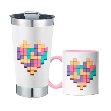 Imagem de Kit Copo Térmico Com Abridor e Caneca Coração Pixel