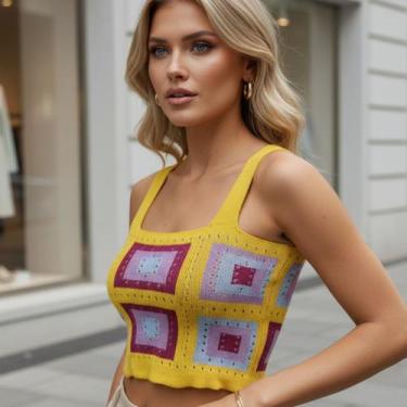 Imagem de Cropped Tricot Vazado Quadrados - Vitrine Colleciton, Amarelo, U