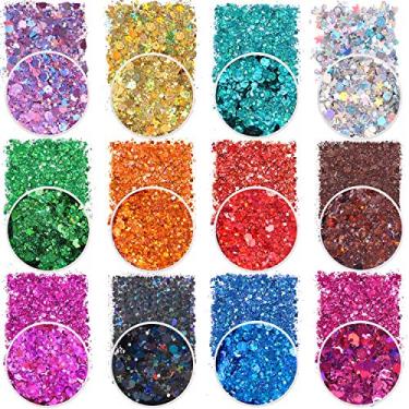 Imagem de Glitter grosso holográfico, 12 cores mistas de glitter cosmético para rosto, corpo, olhos, maquiagem, brilho labial, glitter festivo com diferentes hexágonos tamanhos e estrelas (mistura laser)
