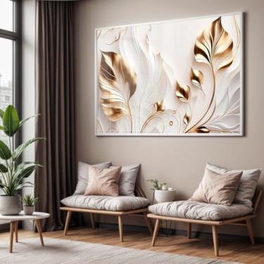 Imagem de Quadro com Moldura e Acrilico Cristal Vidro Sala Quarto Dourado Flores Branca Floral Arte Decorativo Horizontal Grande Hall