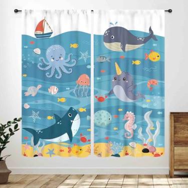 Imagem de Cortinas de tubarão infantis, lindo oceano tartaruga marinha peixe mundo subaquático colorido coral animal tratamentos de janela para meninas meninos quarto de bebê sala de estar berçário 2 painéis