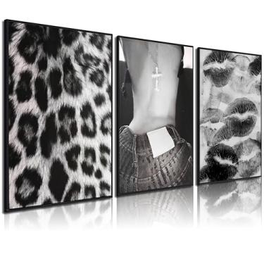Imagem de Conjunto de 3 Fashion Chic Wall Art Kiss Lips Poster Leopard Picture Wall Decor Trendy Y2k Print Preto e Branco Estética Decoração de Quarto Feminino para Quarto, Sala de Estar, Dormitório, Decoração
