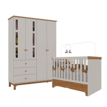 Imagem de Conjunto Infantil Antonella Berço com Gaveta e Roupeiro 4p Off White/C