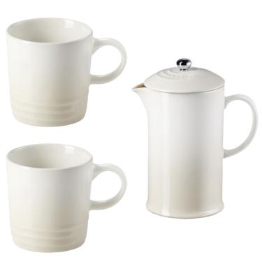 Imagem de KIT LE CREUSET PRENSA FRANCESA  E 2 CANECAS 350ML EM CERÂMICA MERINGUE