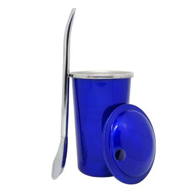 Imagem de Copo Tereré Alumínio Azul + Bomba Metal 19cm