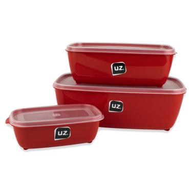 Imagem de Kit 3 Potes Retangular Multiuso Vermelho Linha Color UZ Utilidades Vasilhas De Plástico Para Alimentos Com Tampa Transparente