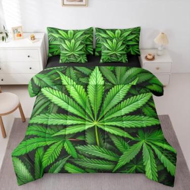 Imagem de Erosebridal Conjunto de edredom com folhas de maconha, natureza, planta, hippie, em uma bolsa, tamanho Queen, 7 peças, crianças, homens, adultos, decoração de quarto, roupa de cama verde com lençóis