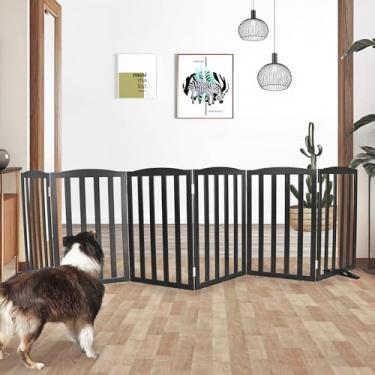 Imagem de SFJC Portão interno independente para cães, portões dobráveis para cães, escadas ou corredores, portão branco de madeira para animais de estimação para casa, cerca para animais de estimação com pés de