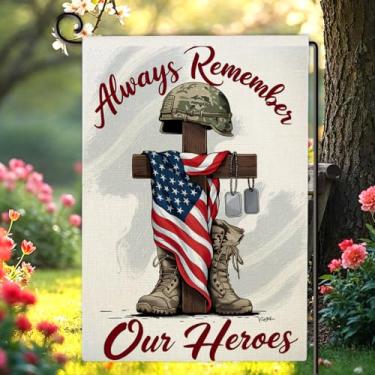 Imagem de Memorial Day Garden Flag Always Remember Our Heroes Patriotic Flag Military Soldiers Boots Veteran Yard Outdoor Decoration Dupla Face 12x18 polegadas