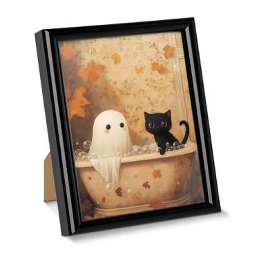 Imagem de Pôster de arte de parede fantasma de gato assustador gato e fantasma na banheira imagem impressa para desktop, pintura emoldurada Dark Academia para decoração de mesa de parede de banheiro doméstico