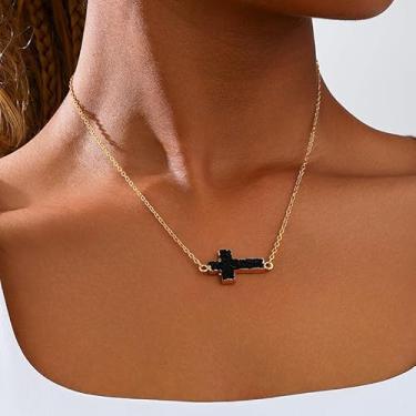 Imagem de Colar de cruz para mulheres, banhado a ouro 18 K, delicado, pequeno, lateral, cruz, gargantilha ajustável, de aço inoxidável, joia moderna Faith Jewelry, Medium, Latão, Sem Pedra Preciosa