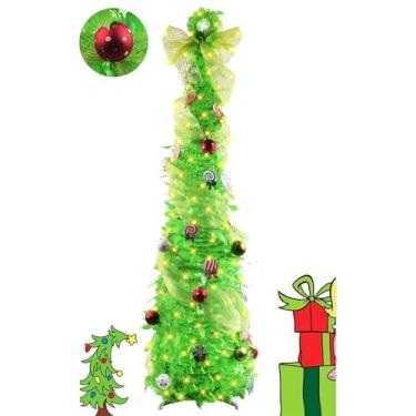 Imagem de Árvore de Natal verde limão com luzes, árvore de Natal pop-up artificial com 8 modos de iluminação, com fita, pingente de açúcar, bola, decoração de Natal DIY para Natal, férias, decoração de casa