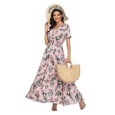 Imagem de Vestido vintage, floral, boho, botão, Split Maxi - Vintageclothing