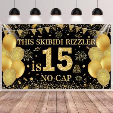 Imagem de SMENGGIL Black Gold This Skibidi Rizzler is 15 No Cap Happy Birthday Pano de fundo banner fotografia decorações de fundo para meninos de 15 anos acessórios de festa de aniversário suprimentos 185 x