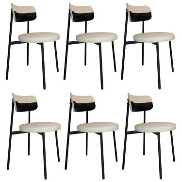 Imagem de Cadeira De Jantar Estofada Kit 6 Nyka M25 Linho Areia/preto - Mpozenato