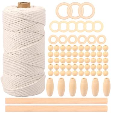Imagem de Kit de 74 peças de macramê DIY kit de pendurar na parede de macramê kit completo para iniciantes com corda de algodão contas de madeira anéis varas para adultos iniciantes (bege)