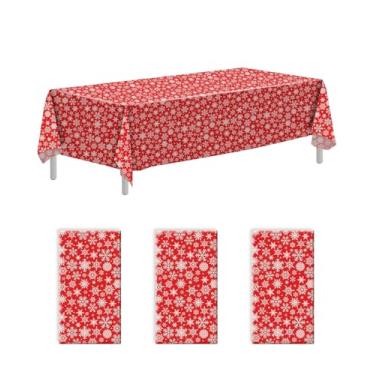Imagem de Goodluck Pacote com 3 toalhas de mesa de plástico de Natal 137 x 272 cm – Vermelho com flocos de neve brancos, capas de mesa de plástico descartáveis à prova d'água para festas de fim de ano, jantar