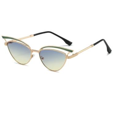 Imagem de HCPIHF Óculos de sol da moda UV400 com armação de metal retrô estilo punk masculino e feminino (dourado, azul e marrom)