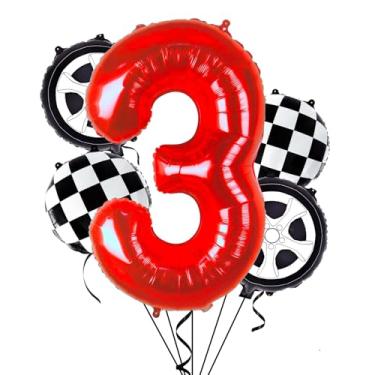 Imagem de Kwuz Race Car Birthday Balloons Tire Balloons Boys Girls 3rd Birthday Decorations Racing Car Theme Wheels Party Decor Supplies Favors Black Red Foil Mylar Helium 3 Balloon Number 40 inch