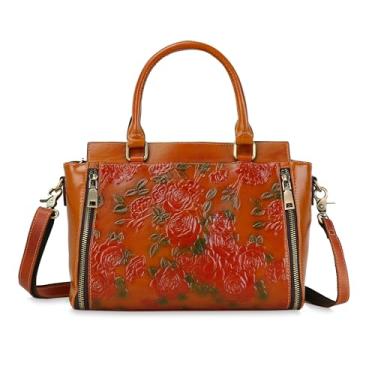 Imagem de Bolsa tiracolo feminina de couro bolsa de ombro média vintage relevo rosa grande capacidade (marrom)