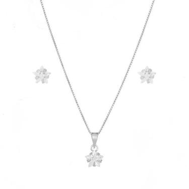 Imagem de Conjunto Colar Corrente Brinco Ponto De Luz Estrela De Prata 925 - DR 