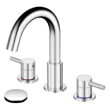 Imagem de RNDIOZD Torneira de banheiro cromada 3 furos com ralo pop-up Rv torneira de pia de banheiro ampla 360° giratória duas alças aço inoxidável