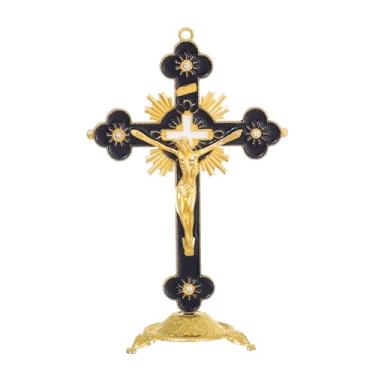 Imagem de KOMI Cruz de Jesus de metal católico de 12 cm, crucifixo esmaltado preto para decoração de casa, crucifixo de mesa, presente religioso