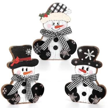 Imagem de 3 peças de mesa de centro de mesa de Natal de madeira para decoração de mesa de boneco de neve rústico feliz natal placas de mesa de inverno decorações de mesa bandeja interna em camadas prateleira de