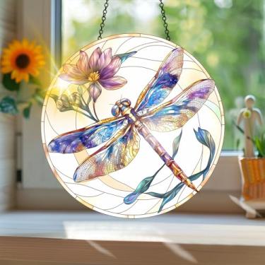 Imagem de Acrílico colorido Suncatcher, apanhador de sol estilo vitral impresso libélula com reflexos de arco-íris, decoração de janela suspensa, decoração de parede, ornamentos de Natal para uso interno e