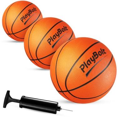 Imagem de PlayBolt Mini bolas de basquete tamanho 3 (pacote com 3) - Bolas de basquete juvenis laranja premium de 17 cm com bomba manual para crianças, aros internos sobre a porta, piscinas de quintal, jogos de