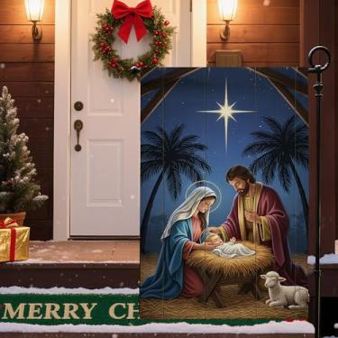 Imagem de Bandeira de jardim de Natal 30,5 x 45,7 cm - Bandeira pequena de decoração de jardim dupla face, presépio de Natal impresso com estrela e cordeiro sob palmeiras para decorações de quintal de férias de