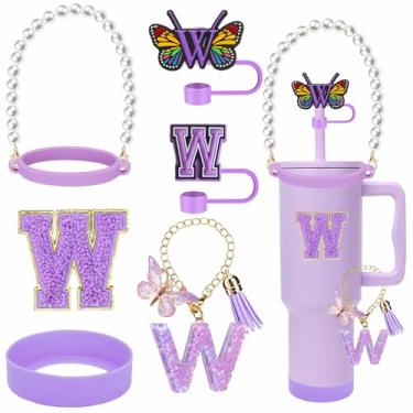 Imagem de RNFVJH 7 peças de acessórios de copo para garrafa de água Stanley alça alça de alça de 0,8 cm carta palha capa de silicone alça inicial pingente adesivo de letra para copo de 30 e 1,134 g com alça