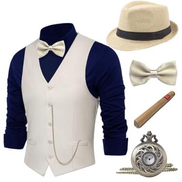 Imagem de BABEYOND Conjunto de acessórios de fantasia masculino Gatsby Gangster da década de 1920, chapéu Fedora, Bege, PP