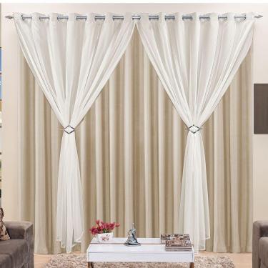 Imagem de Cortina Jéssica 4 Metros Bege Tecido Microfibra Com Voal Clássica Sala Ou Quarto