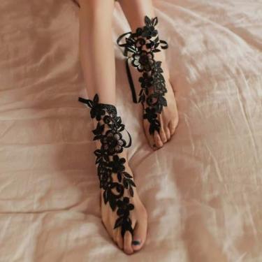 Imagem de 2 peças, tornozeleira bordada de renda sexy com anel de dedo do pé, sandálias femininas, anel de dedo do pé vintage floral pulseira festival de formatura joias para pés para mulheres (preto)