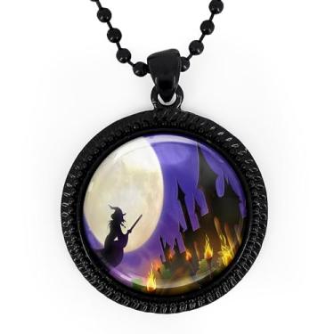 Imagem de Colar de cena de Halloween - Bruxa e lua cheia, joias de vidro feitas à mão, prata ou preto - 116-RN, Large, Metal, Sem Pedra Preciosa