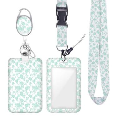 Imagem de Porta-crachá floral rosa verde para crachá para crachás de identificação, protetor vertical de trabalho, clipes de mosquetão retráteis, cordão de chave resistente para mulheres, enfermeiras, médicos