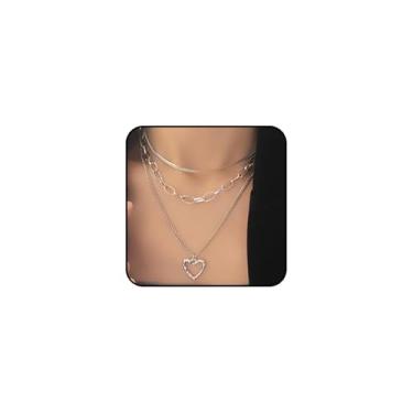Imagem de Colar feminino com pingente de coração em camadas douradas, corrente de espinha de cobra, pingente de prata, colar de clipe de papel, colar de colar de joias modernas, presentes, Large, Metal, Sem