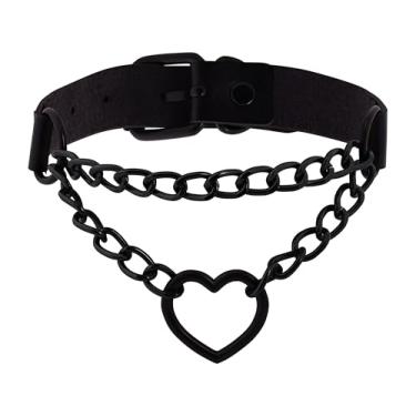 Imagem de YHWQYR Colar de camada dupla em forma de coração preto para mulheres, gargantilha masculina de couro sintético para presente de Halloween e Natal, Adjustable, Metal, Sem Pedra Preciosa