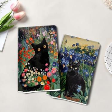 Imagem de 2 peças de toalhas de cozinha artísticas de flores coloridas, toalha de mão de chá super absorvente para gatos, panos de prato de microfibra para secar pratos, toalhas de prato waffle para cozinha