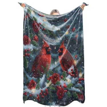 Imagem de zbezbe Cobertor de flanela cardeal vermelho festivo inverno pássaro floral neve manta cobertor leve fofo para festa, cadeira, cama, sofá, acampamento, viagem, decoração de Natal para casa, presentes
